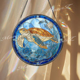 Sea Turtle Stained Glass Suncatcher, Round Ocean Window Panel with Blue Flowers and Coral, Coastal Marine Glass Art Home Decor Gift