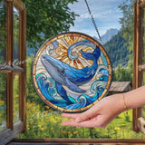 Blue Whale Stained Glass Suncatcher, Round Ocean Waves and Sun Window Panel, Marine Life Nautical Glass Art Coastal Home Decor Gift