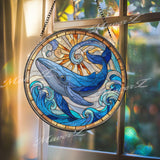 Blue Whale Stained Glass Suncatcher, Round Ocean Waves and Sun Window Panel, Marine Life Nautical Glass Art Coastal Home Decor Gift