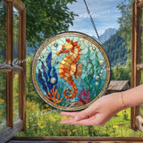 Seahorse Stained Glass Suncatcher, Round Ocean Coral Reef Window Panel, Nautical Marine Life Glass Art Coastal Beach House Decor Gift