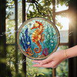 Seahorse Stained Glass Suncatcher, Round Ocean Coral Reef Window Panel, Nautical Marine Life Glass Art Coastal Beach House Decor Gift