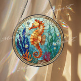 Seahorse Stained Glass Suncatcher, Round Ocean Coral Reef Window Panel, Nautical Marine Life Glass Art Coastal Beach House Decor Gift