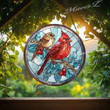 Cardinal Stained Glass Suncatcher, Red Bird and Sparrow Round Window Panel with Holly Berries, Winter Nature Glass Art Home Decor Gift