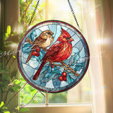 Cardinal Stained Glass Suncatcher, Red Bird and Sparrow Round Window Panel with Holly Berries, Winter Nature Glass Art Home Decor Gift