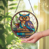 Owl Stained Glass Suncatcher, Round Wise Owl with Books and Coffee Window Panel, Reading Nook Glass Art Gift for Book Lovers and Teachers