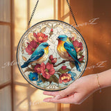 Bluebird Stained Glass Suncatcher, Round Window Panel with Colorful Birds and Flowers, Nature Inspired Glass Art Spring Home Decor Gift