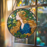 Goddess Stained Glass Suncatcher, Round Art Nouveau Woman with Golden Hair and Ivy Window Panel, Mythical Nature Glass Art Home Decor Gift