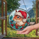 Christmas Squirrel Stained Glass Suncatcher, Round Holiday Window Panel with Santa Hat, Holly and Berries, Festive Winter Home Decor Gift