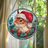 Christmas Squirrel Stained Glass Suncatcher, Round Holiday Window Panel with Santa Hat, Holly and Berries, Festive Winter Home Decor Gift