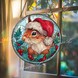 Christmas Squirrel Stained Glass Suncatcher, Round Holiday Window Panel with Santa Hat, Holly and Berries, Festive Winter Home Decor Gift