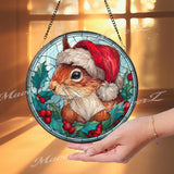 Christmas Squirrel Stained Glass Suncatcher, Round Holiday Window Panel with Santa Hat, Holly and Berries, Festive Winter Home Decor Gift