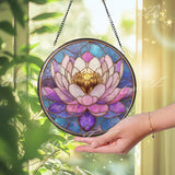 Lotus Flower Stained Glass Suncatcher, Round Pink and Purple Window Panel with Golden Center, Spiritual Zen Glass Art Meditation Home Decor