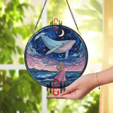 Whale and Girl Stained Glass Suncatcher, Round Ocean Moonlit Night Window Panel, Dreamy Fantasy Glass Art Home Decor Gift