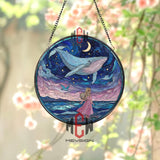 Whale and Girl Stained Glass Suncatcher, Round Ocean Moonlit Night Window Panel, Dreamy Fantasy Glass Art Home Decor Gift