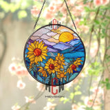 Sunflower Stained Glass Suncatcher, Round Sunset Mountain Window Panel, Bright Floral Glass Art Home Decor Gift for Nature Lovers
