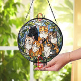 Cat Lovers Stained Glass Suncatcher, Round Window Panel with Six Colorful Cats and Green Leaves, Whimsical Pet Lover Home Decor Gift