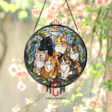 Cat Lovers Stained Glass Suncatcher, Round Window Panel with Six Colorful Cats and Green Leaves, Whimsical Pet Lover Home Decor Gift