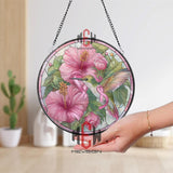 Hummingbird Stained Glass Suncatcher, Round Pink Ribbon Hibiscus Window Panel, Breast Cancer Awareness Floral Home Decor Gift
