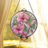 Hummingbird Stained Glass Suncatcher, Round Pink Ribbon Hibiscus Window Panel, Breast Cancer Awareness Floral Home Decor Gift