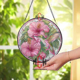 Hummingbird Stained Glass Suncatcher, Round Pink Ribbon Hibiscus Window Panel, Breast Cancer Awareness Floral Home Decor Gift