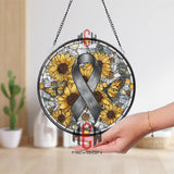 Gray Ribbon Stained Glass Suncatcher, Round Awareness Window Panel with Sunflowers and Butterflies, Support and Remembrance Gift