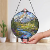 Mountain Landscape Stained Glass Suncatcher, Round Alpine Window Panel with River, Sheep and Wildflowers, Nature Glass Art Decor