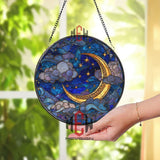 Moon and Stars Stained Glass Suncatcher, Round Crescent Moon with Clouds and Starry Sky Window Panel, Celestial Night Glass Art Decor