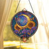 Sunflower Moon Stained Glass Suncatcher, Round Crescent Moon with Butterflies and Flowers Window Panel, Celestial Floral Glass Art Decor
