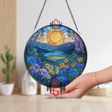Golden Sunrise Floral Stained Glass Suncatcher, Round Mountain Lake Window Panel, Blue and Yellow Wildflower Glass Art Decor
