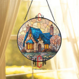 Cozy Cottage Stained Glass Suncatcher, Round Fairytale House Window Panel with Blue Roof, Warm Light Glass Art Home Decor