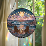 Coastal Sunset Stained Glass Suncatcher, Round Ocean Waves with Adirondack Chairs, Moonlight Beach Window Panel Home Decor