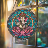 Ganesh Stained Glass Suncatcher, Round Lotus Flower Hindu God Window Panel, Spiritual Home Decor, Colorful Religious Gift for Meditation