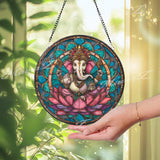 Ganesh Stained Glass Suncatcher, Round Lotus Flower Hindu God Window Panel, Spiritual Home Decor, Colorful Religious Gift for Meditation