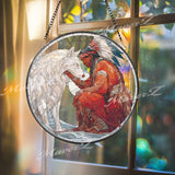 Native American and Wolf Stained Glass Suncatcher, Spiritual Round Window Panel, Tribal Art Home Decor, Cultural Wildlife Gift