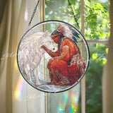 Native American and Wolf Stained Glass Suncatcher, Spiritual Round Window Panel, Tribal Art Home Decor, Cultural Wildlife Gift