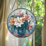Lily Bouquet Stained Glass Suncatcher, Round Floral Window Panel with Vase, Elegant Glass Art Home Decor and Gift