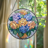 Hydrangea Bouquet Stained Glass Suncatcher, Round Colorful Floral Window Panel, Bright Garden Flower Glass Art Home Decor