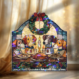 Christmas Dogs Acrylic Suncatcher, Stained Glass Style Holiday Window Panel with Wreath and Candlelit Dinner, Pet Lover Gift Decor