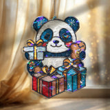 Christmas Panda Acrylic Suncatcher, Stained Glass Style Holiday Ornament with Gifts and Gingerbread Cookie, Cute Winter Window Decor