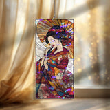 Geisha Acrylic Suncatcher, Stained Glass Style Japanese Woman with Parasol and Kimono, Elegant Floral Window Panel Asian Art Home Decor