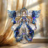 Angel Acrylic Suncatcher, Stained Glass Style Guardian Angel with Blue Wings and Flowing Gown, Spiritual Window Hanging Home Decor Gift