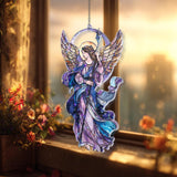 Angel Acrylic Suncatcher, Stained Glass Style Guardian with Golden Wings and Staff, Spiritual Window Hanging Religious Home Decor Gift