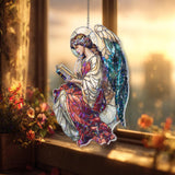 Angel Reading Book Acrylic Suncatcher, Stained Glass Style Guardian with Halo and Wings, Spiritual Window Hanging Religious Home Decor Gift