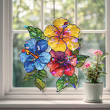 Hibiscus Flower Acrylic Suncatcher, Stained Glass Style Tropical Window Hanging with Red Yellow Blue Blooms, Garden Nature Home Decor Gift
