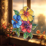 Hibiscus Flower Acrylic Suncatcher, Stained Glass Style Tropical Window Hanging with Red Yellow Blue Blooms, Garden Nature Home Decor Gift
