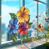 Hibiscus Flower Acrylic Suncatcher, Stained Glass Style Tropical Window Hanging with Red Yellow Blue Blooms, Garden Nature Home Decor Gift