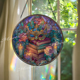 Masquerade Stained Glass Suncatcher, Round Books Roses Candles Window Panel, Gothic Fantasy Glass Art Reading Lover Home Decor Gift