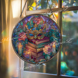 Masquerade Stained Glass Suncatcher, Round Books Roses Candles Window Panel, Gothic Fantasy Glass Art Reading Lover Home Decor Gift