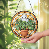 Ghost Monstera Stained Glass Suncatcher, Round Cute Plant Window Panel with Terracotta Pot, Whimsical Halloween Glass Art Home Decor Gift