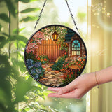 Garden Path Stained Glass Suncatcher, Round Cottage Flower Window Panel with Lantern and Gate, Cozy Home Decor Glass Art Gift